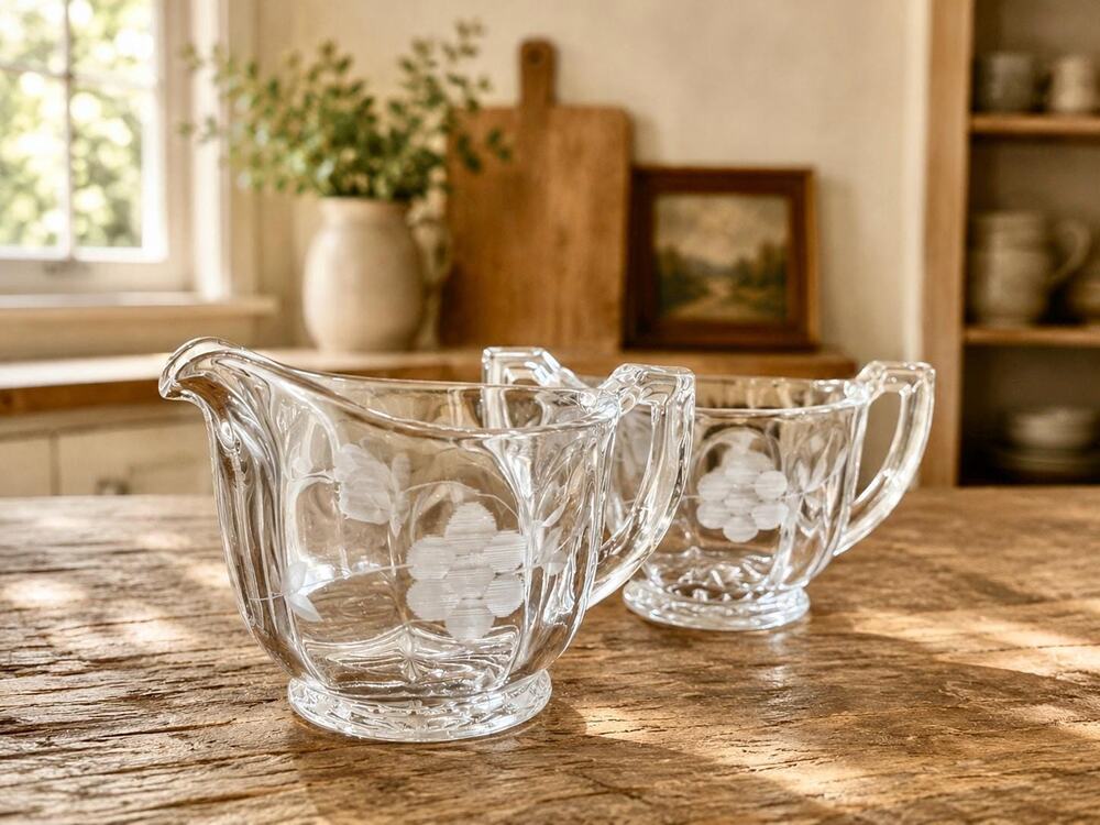 Vintage Etched Glass Creamer Sugar Bowl | Floral Pressed Glass Serving Set